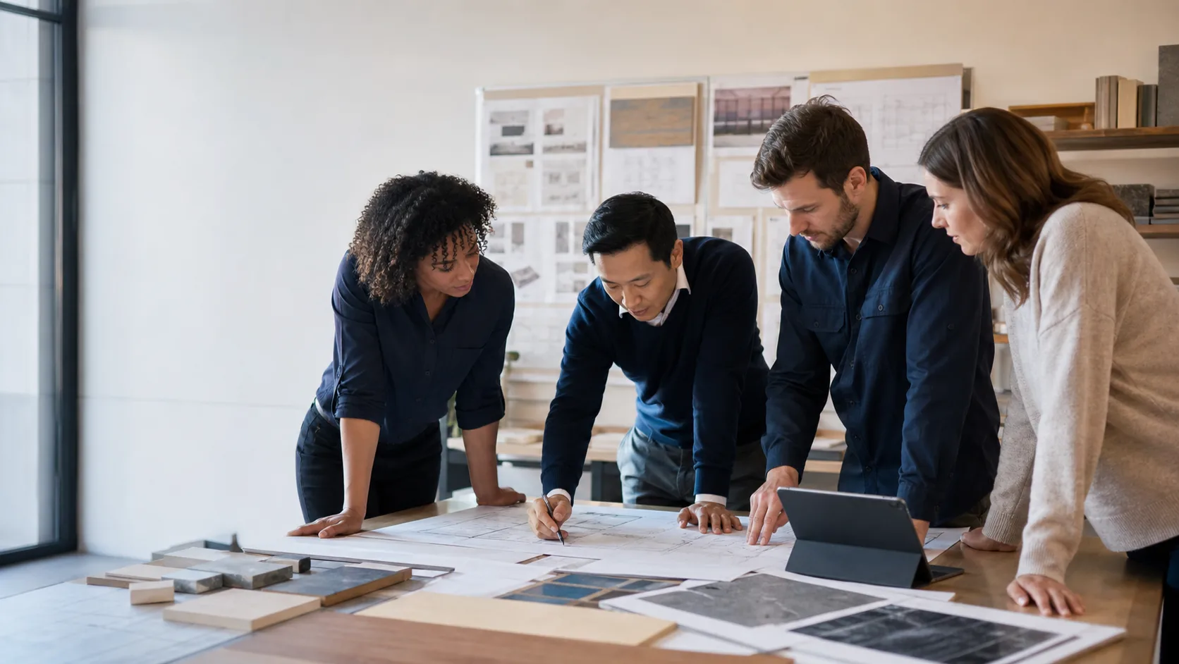 A project team reviewing drawings together