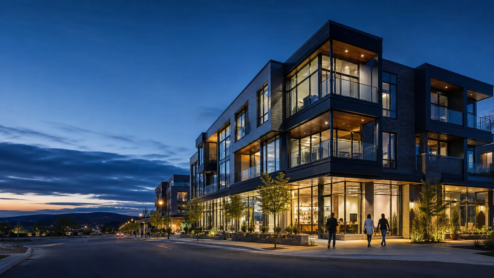 Modern mixed-use building at dusk