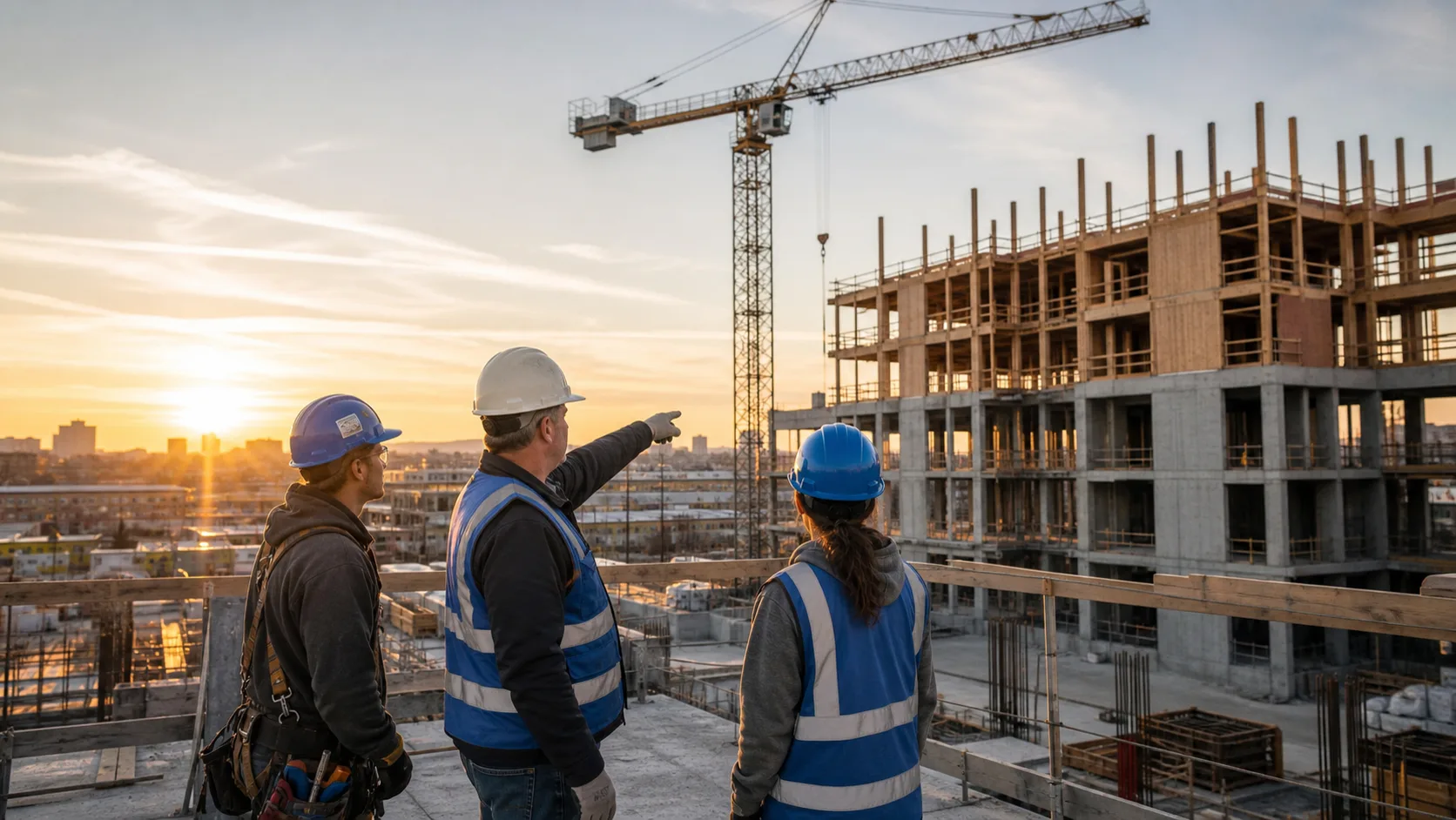 Construction team reviewing active site progress
